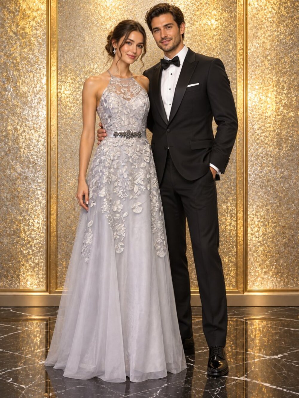 Silver Floral Embroidered Halter Evening Gown with Jeweled Waist | Size 8